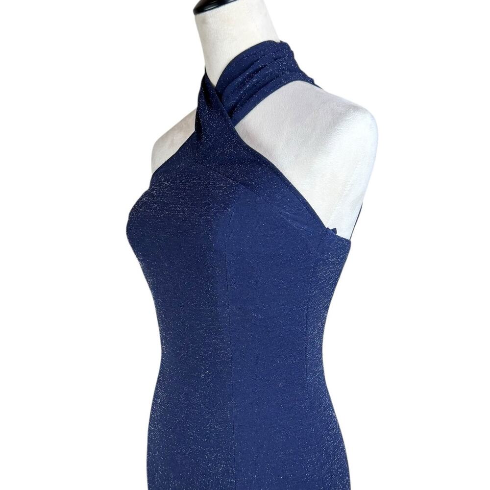 Tahari ASL Navy Sparkle Crossover Halter Slim Maxi Formal Cocktail Dress Gown - Picture 5 of 9